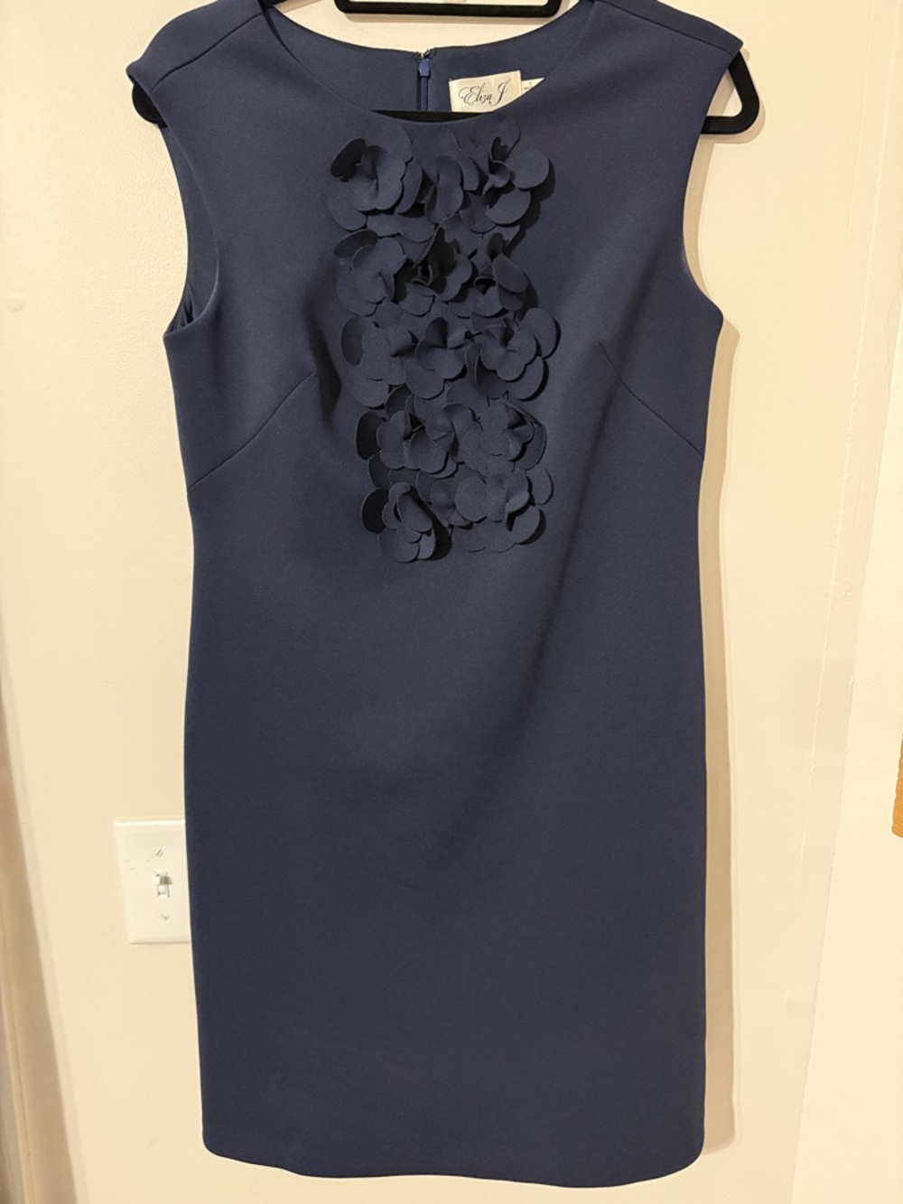 Eliza J Navy Sleeveless Midi Sheath with Floral Appliqué